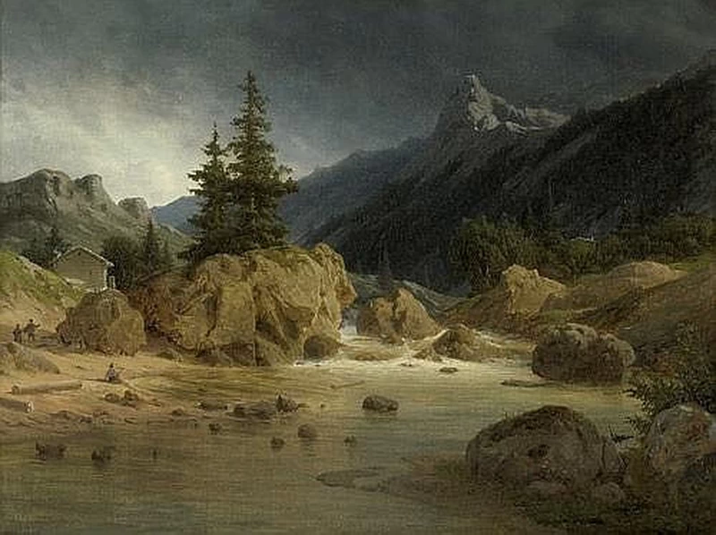 Paesaggio montano nordico con una cascata in una tempesta in arrivo